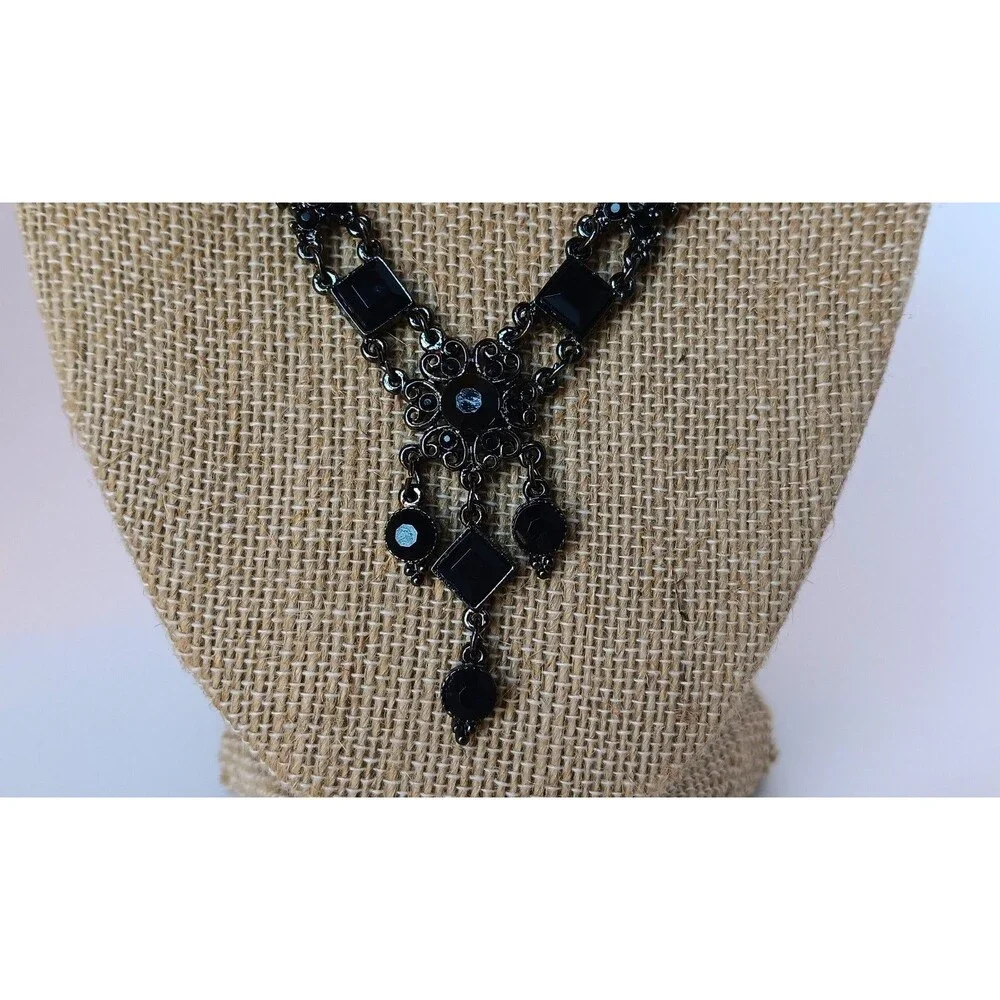 Victorian Revival Black Rhinestone & Gunmetal Y Drop Necklace 17-20 in